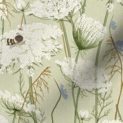 Medium Wild Flower with Bees on Sage, Cottage core baby, Modern cottage kids, neutral nursery, bumble bee, neutral grasses