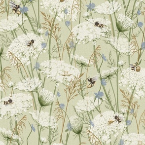 Medium Wild Flower with Bees on Sage, Cottage core baby, Modern cottage kids, neutral nursery, bumble bee, neutral grasses