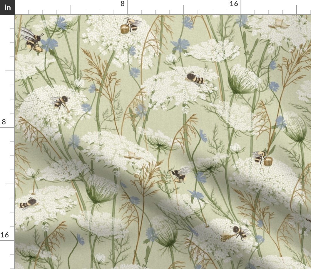 Medium Wild Flower with Bees on Sage, Cottage core baby, Modern cottage kids, neutral nursery, bumble bee, neutral grasses