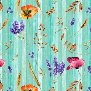 small grains lavender and poppies on wood aqua