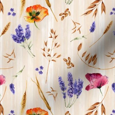small grains lavender and poppies on wood natural beige