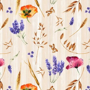 small grains lavender and poppies on wood natural beige