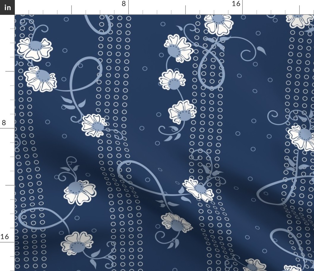 June Floral Stripe: Navy & Chambray Blue Scattered Flowers 