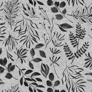 TEXTURED PATTERN Black ink foliage leaves on grey background