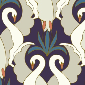 Art Deco Swans Plum & Teal Large Scale