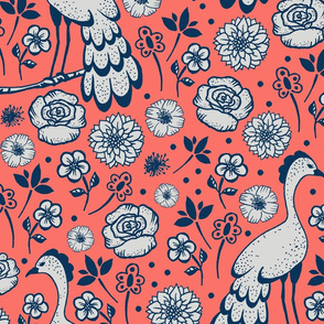 Coral birds and flowers