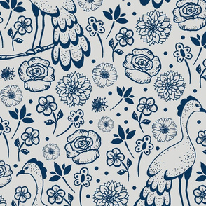 Grey and midnight blue floral birds