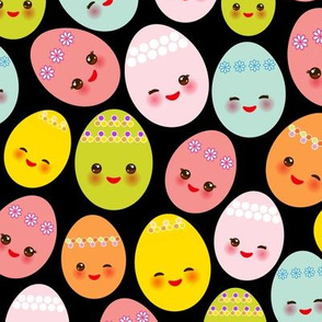 Happy Easter. Kawaii eggs, pastel colors on black background