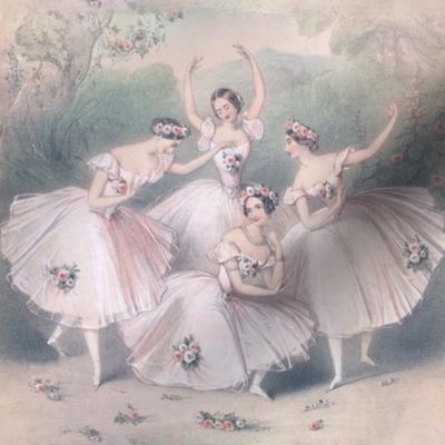 ballet ballerina dancing dancers beautiful women ladies lady smiling flowers floral crown garland roses mountains gardens troupe pastel stage trees bushes pointe Pas de quatre four quartet 4 company group performers seamless watercolor romantic shabby chi