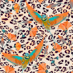 Birds of paradise on a leopard spotted background.