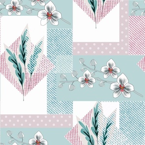  Patchwork pattern. White Orchid, tropical, pink and blue. 