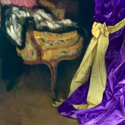 purple gowns bustle baroque victorian flowers floral beauty lace ballgowns rococo portraits beautiful lady yellow bows fans gold gilt vase paintings woman elegant gothic lolita egl neoclassical  historical romantic 19th century  