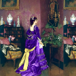 purple gowns bustle baroque victorian flowers floral beauty lace ballgowns rococo portraits beautiful lady yellow bows fans gold gilt vase paintings woman elegant gothic lolita egl neoclassical  historical romantic 19th century  