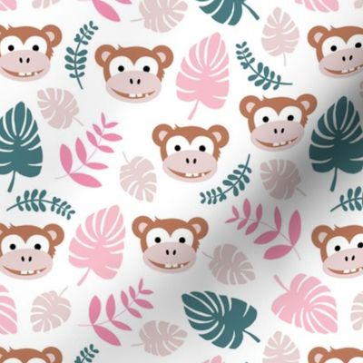 Cute little monkey jungle monstera palm leaves summer print girls pink