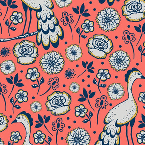 gold coral floral birds