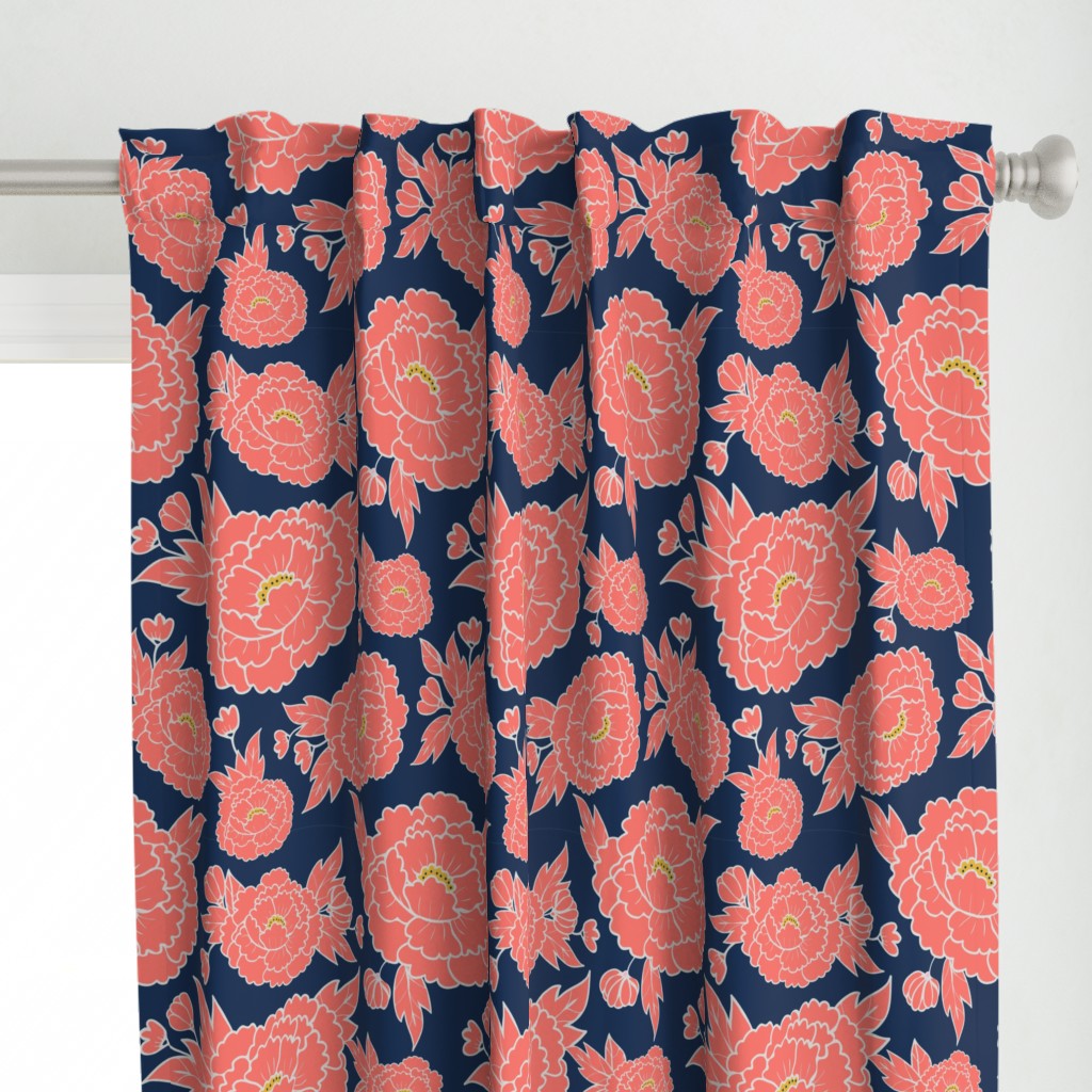 Coral Peonies on Navy Blue