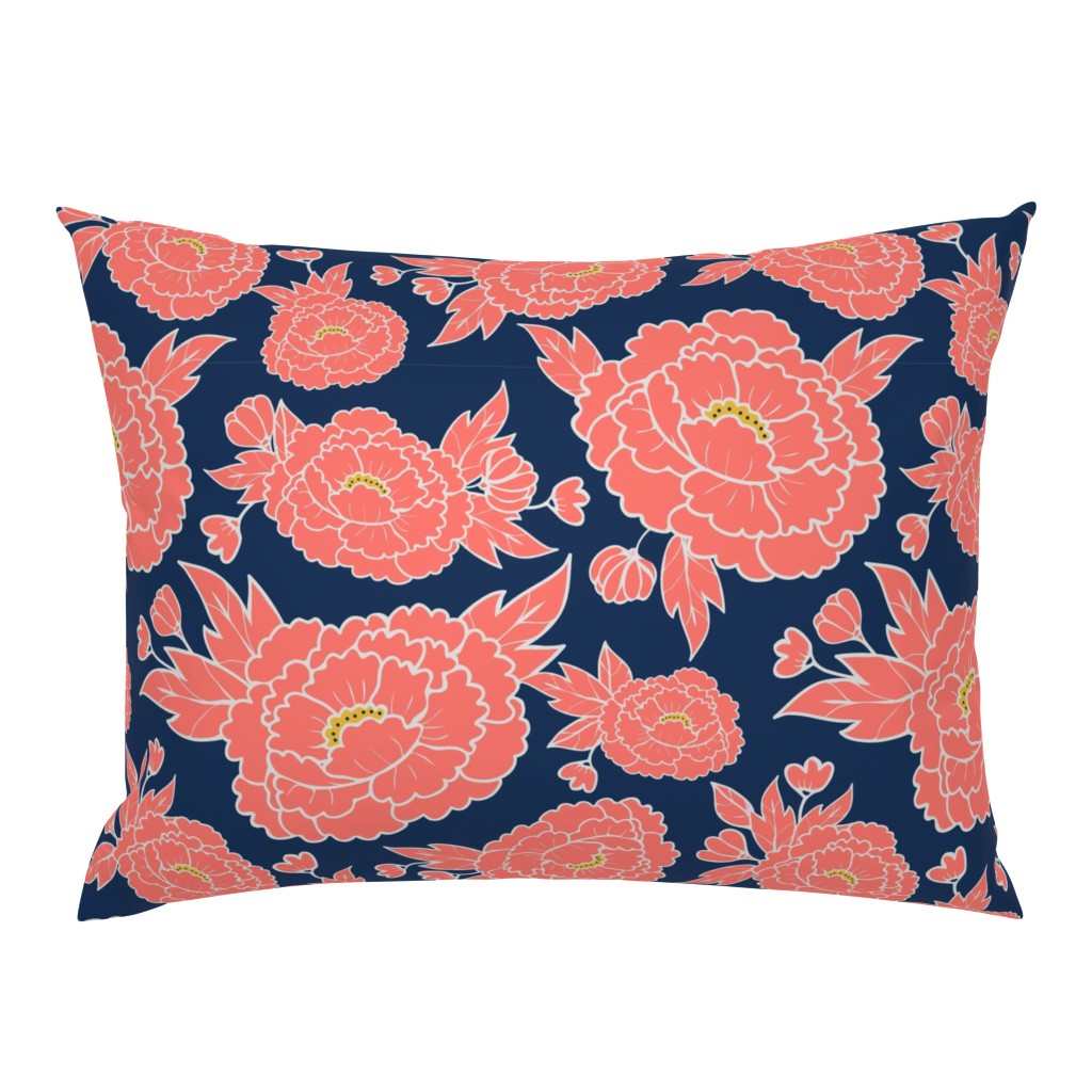 Coral Peonies on Navy Blue