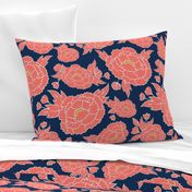 Coral Peonies on Navy Blue