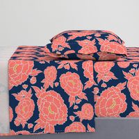 Coral Peonies on Navy Blue