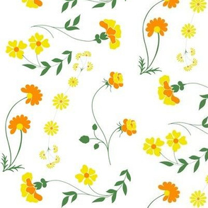 Ditsy floral on white with orange and yellow