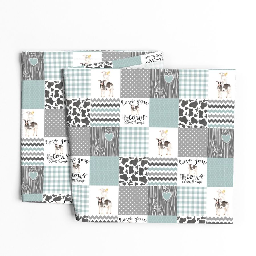 3 inch Farm//Love you till the cows come home//Light Teal - Wholecloth Cheater Quilt - Rotated