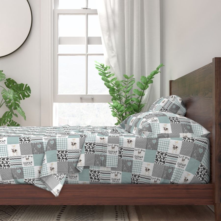 3 inch Farm//Love you till the cows come home//Light Teal - Wholecloth Cheater Quilt - Rotated