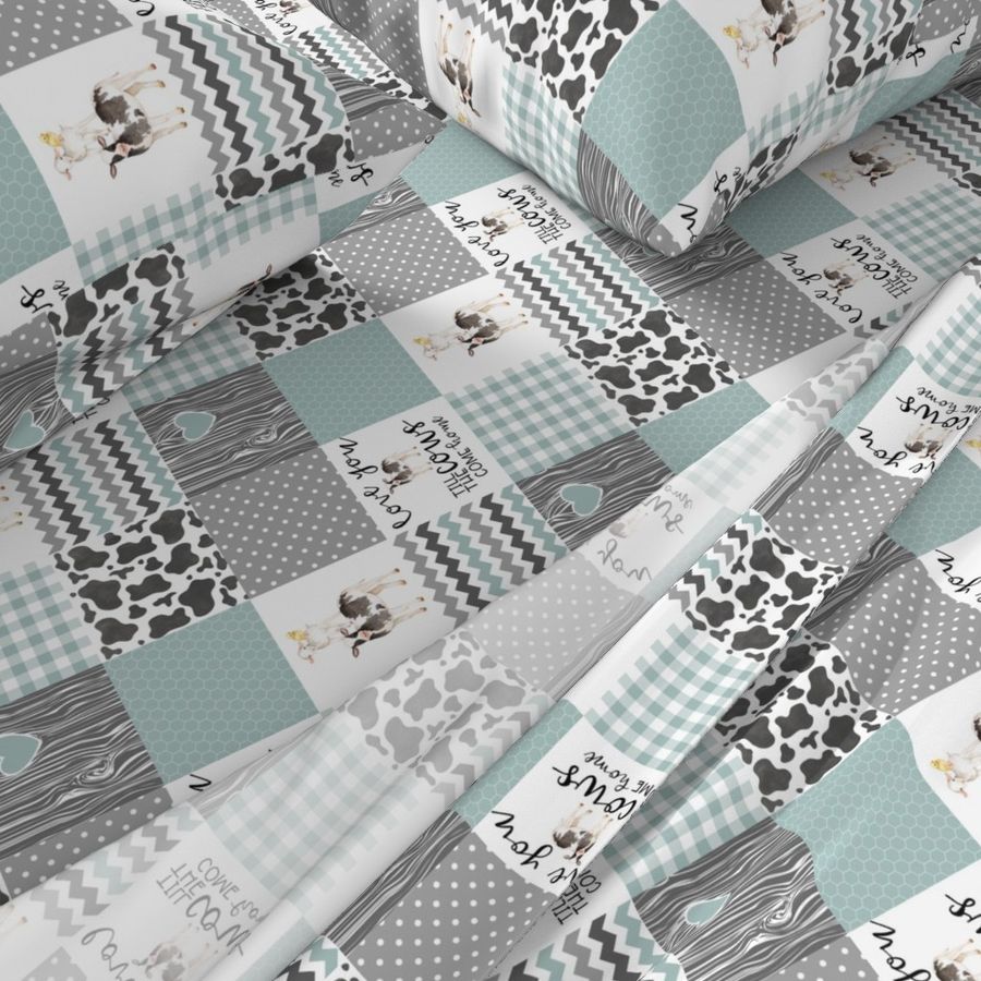 3 inch Farm//Love you till the cows come home//Light Teal - Wholecloth Cheater Quilt - Rotated