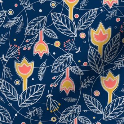 (MEDIUM) Coral with Gold Flowers on Navy Blue background