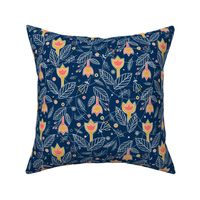 (MEDIUM) Coral with Gold Flowers on Navy Blue background