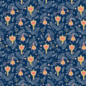 (MEDIUM) Coral with Gold Flowers on Navy Blue background