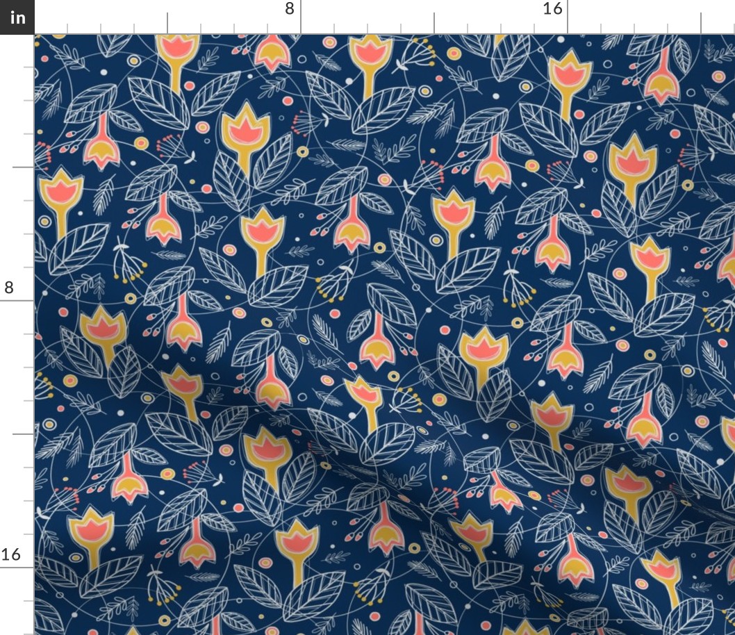 (MEDIUM) Coral with Gold Flowers on Navy Blue background