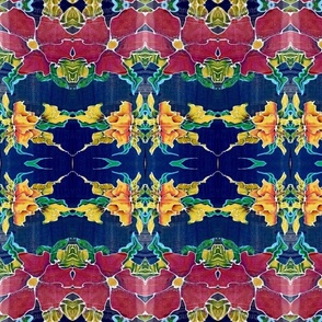 Red and Yellow Abstract Flowers with Green  Leaves on Navy Blue background.