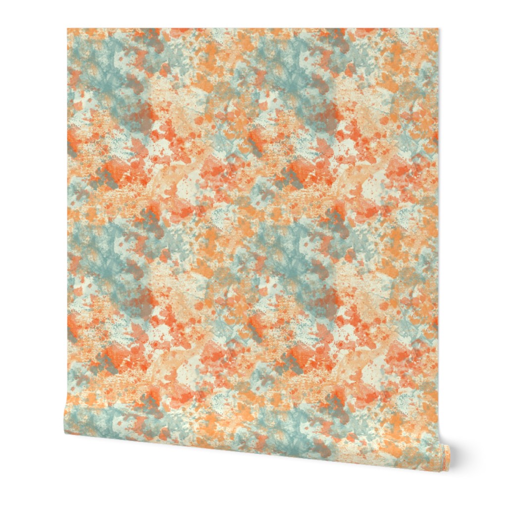 A lively abstract of turquoise and coral splashes on a terracotta canvas.