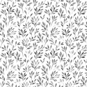 Cute and simple botanical watercolor monochrome  leaves and branches black and white