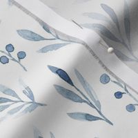 Cute and simple botanical watercolor herbs, berries, leaves and branches light indigo color