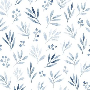 Cute and simple botanical watercolor herbs, berries, leaves and branches light indigo color