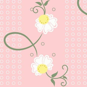 June Floral Stripe: Pink & Mossy Green Scattered Flowers