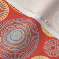 Retro Concentric Circles in yellow and blue with red Background