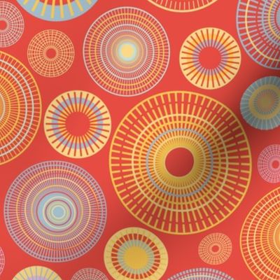 Retro Concentric Circles in yellow and blue with red Background