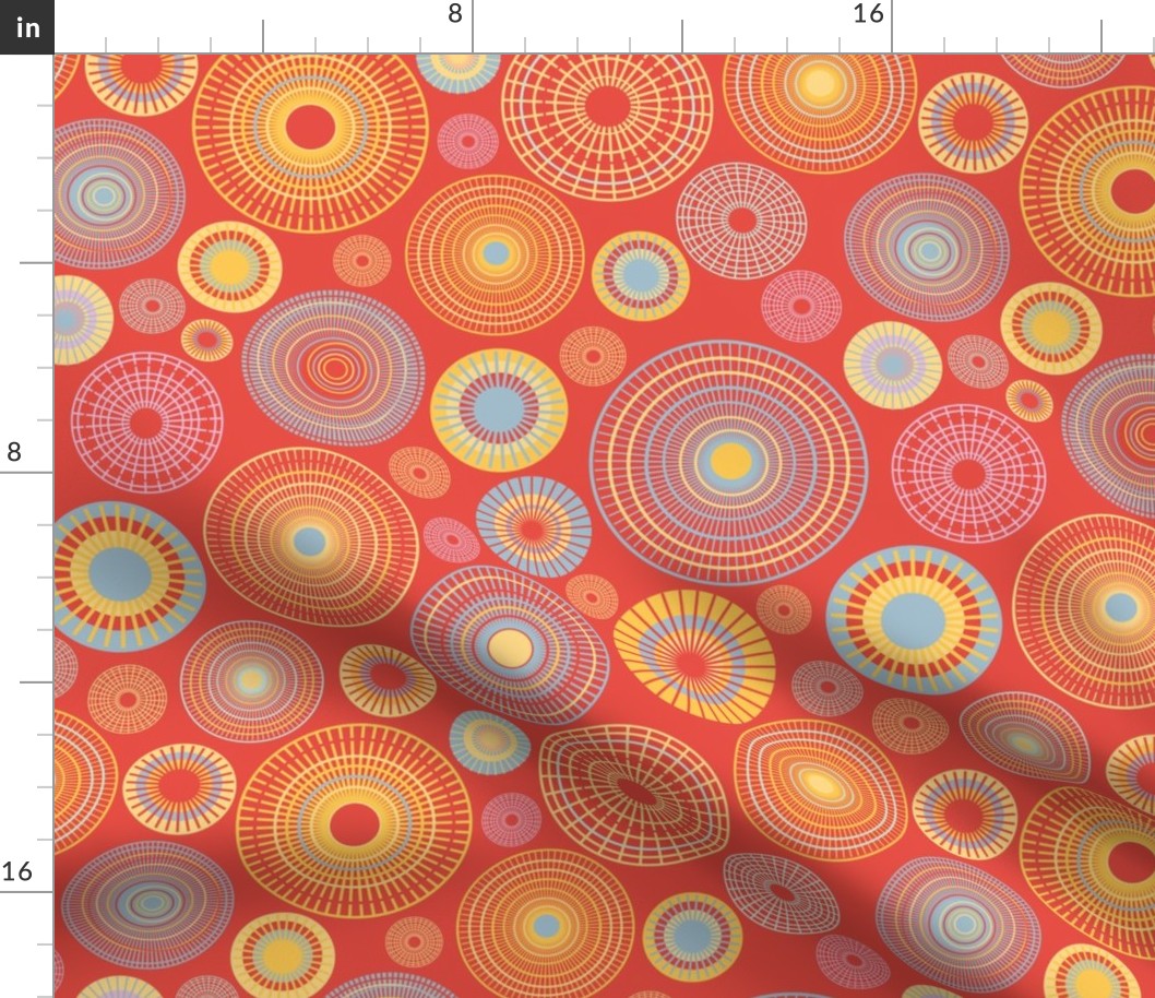 Retro Concentric Circles in yellow and blue with red Background