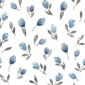 Cute and simple botanical watercolor  leaves and flowers indigo gray colors