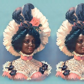 1 young black woman lady african descent POC people of color WOC pink victorian bonnets beautiful lady 19th century flowers floral roses feathers bow bows chokers star coral peach lace blue grey gowns big hats romantic beauty vintage antique elegant gothi