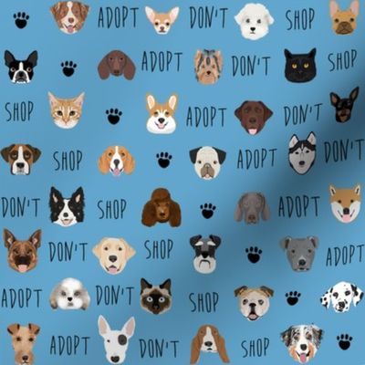 adopt don't shop fabric - pet adoption fabric, adopt a dog, adopt a cat, cat, fabric, dog fabric - blue