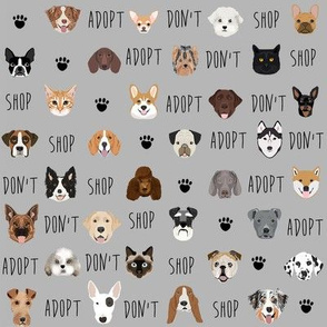 adopt don't shop fabric - pet adoption fabric, adopt a dog, adopt a cat, cat, fabric, dog fabric - grey