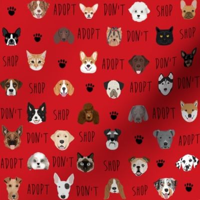 adopt don't shop fabric - pet adoption fabric, adopt a dog, adopt a cat, cat, fabric, dog fabric - red