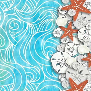 Horizontal - Sea Shells w Waves - Blue Water Background