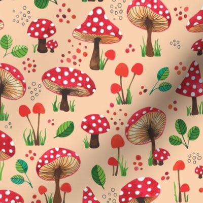 Watercolor Red Mushrooms, Secret Garden, Forest Love