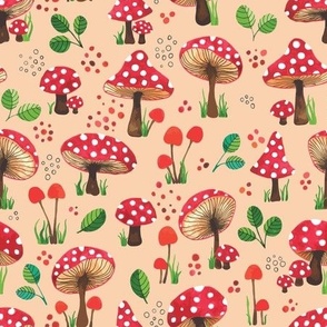 Watercolor Red Mushrooms, Secret Garden, Forest Love