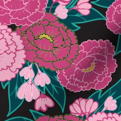 Peony Girl - Pink Peonies on Black