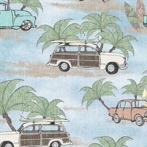 Wallpaper Vintage Beach Cars -  Blue LInen